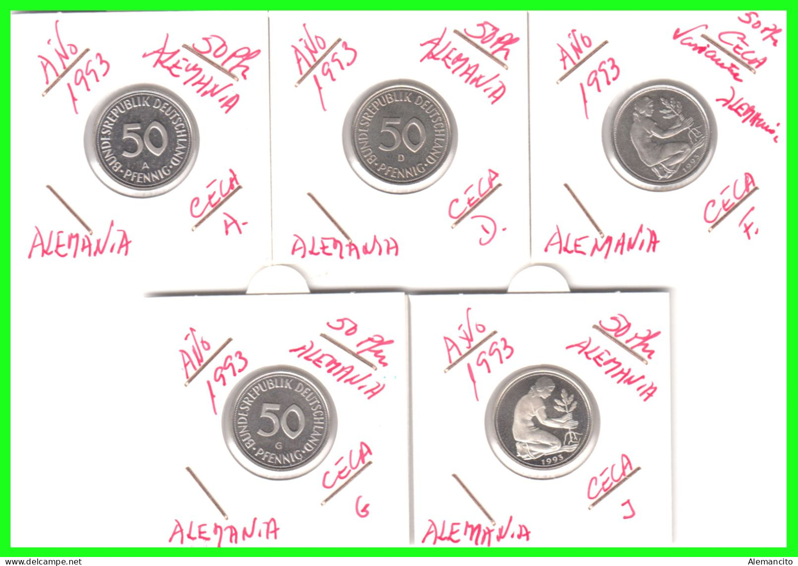 ALEMANIA - DEUTSCHLAND - GERMANY –  5 MONEDAS DE 50 Pfn. DEL AÑO 1993 -  CECAS -A: BERLIN- D – F – G – J.- PROOF (ESPEJO - 50 Pfennig