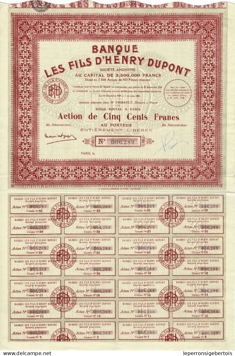 - Titre De 1928 - Banque Les Fils D'Henry Dupont - - Banque & Assurance