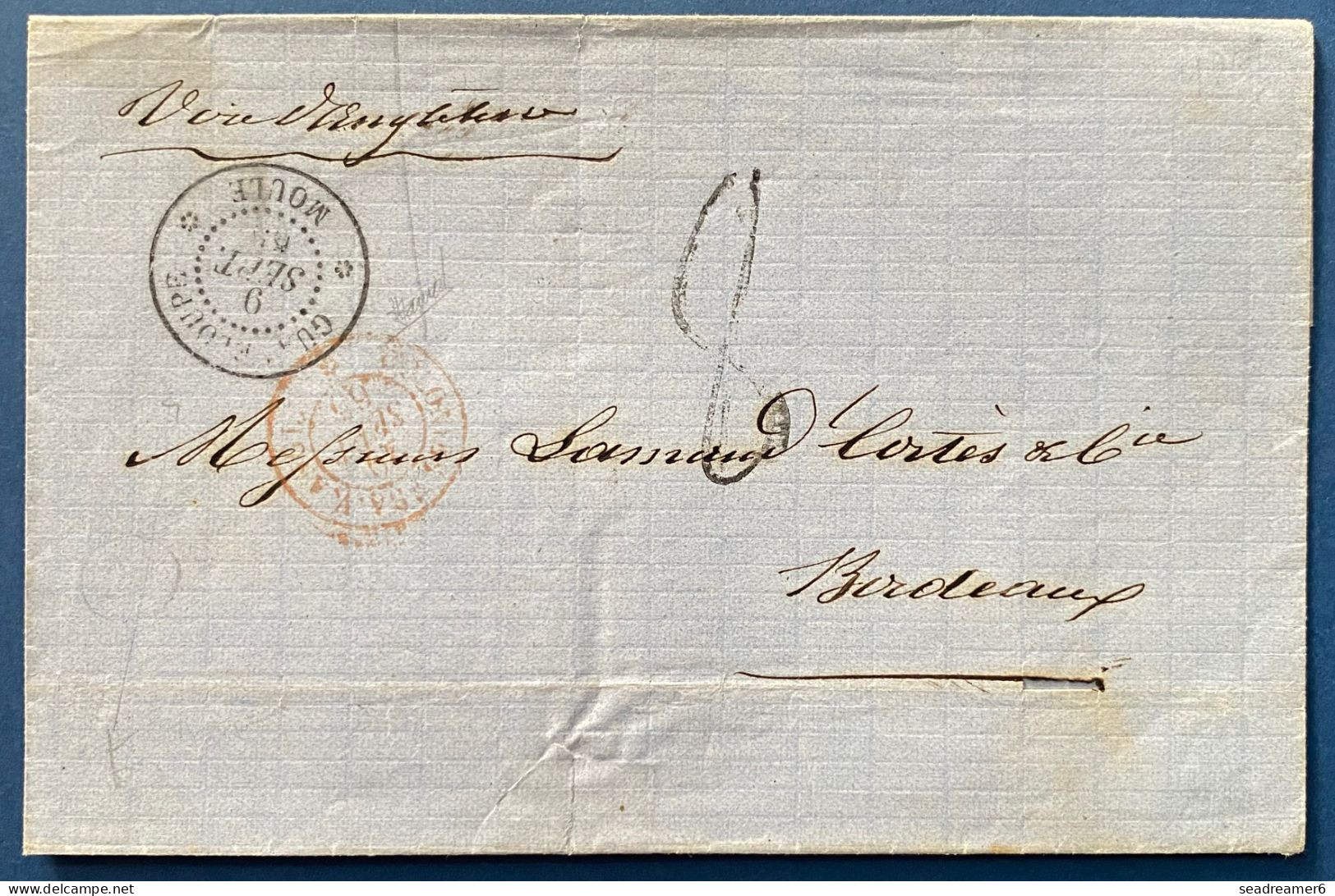 Guadeloupe Lettre ST Sept 1865 Dateur "GUADELOUPE / LE MOULE " + " COLONIES .FRA.V.ANGL "pour Bordeaux SUP & Signé JAMET - Storia Postale