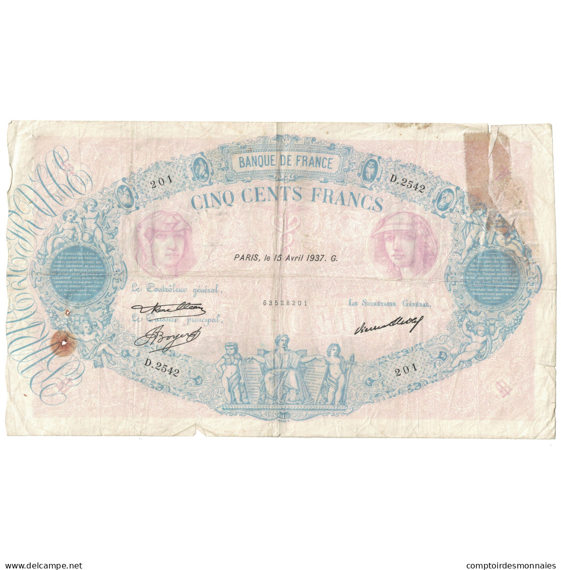 France, 500 Francs, Bleu Et Rose, 1937, D.2542, B, Fayette:30.38, KM:66m - 500 F 1888-1940 ''Bleu Et Rose''