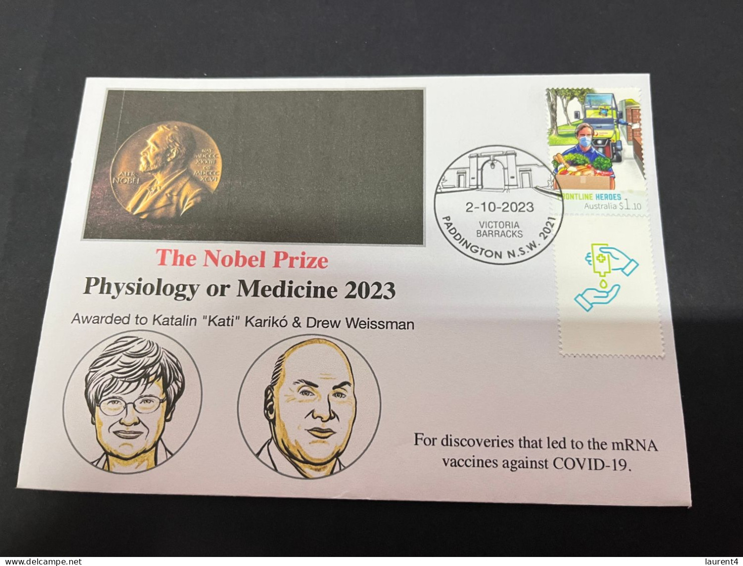 3-10-2023 (3 U 12) Nobel Medecine Prize Awarded In 2023 - 1 Cover - Australian COVID-19 Tab Stamp (postmarked 2-10-2022) - Altri & Non Classificati