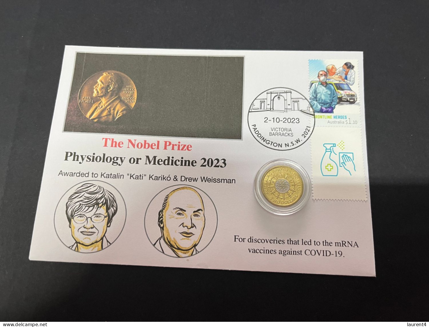 3-10-2023 (3 U 12) Nobel Medecine Prize Awarded In 2023 - 1 Cover -  COVID-19 Tab Stamp + $2 Coin (postmarked 2-10-2022) - 2 Dollars