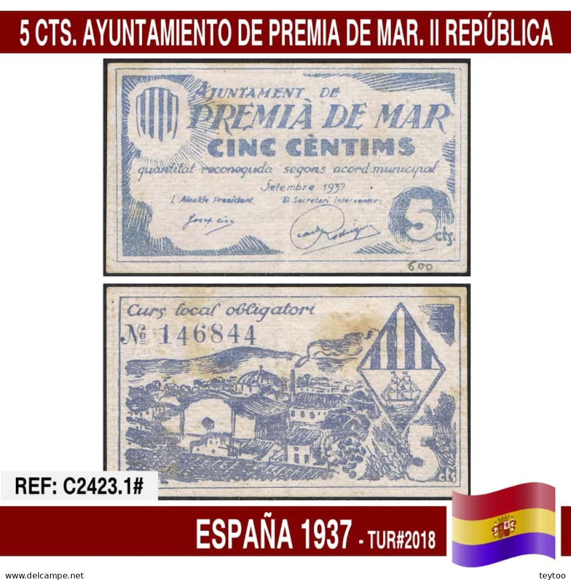 C2423.1# España 1937. 5 Cts. Ayuntamiento Premiá De Mar (G) TUR@2018 - 1-2 Peseten