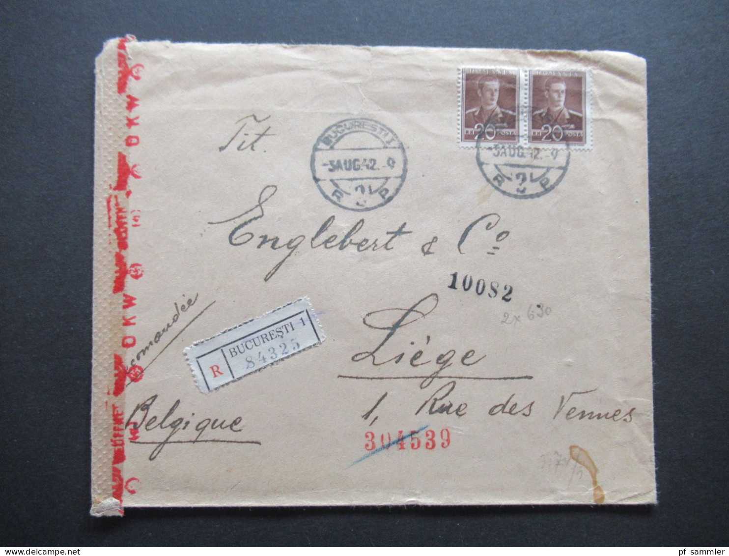 Rumänien 1942 Zensurbeleg Einschreiben Bucuresti - Liege Belgien Mit OKW Zensur Und Weiteren Zensurstempeln - World War 2 Letters