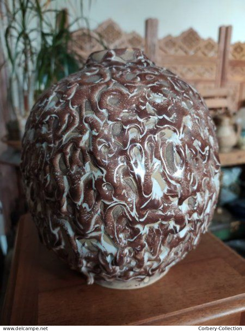 Ancien Vase Boule Céramique à Décor De Coulures Art Déco / Style Felix Gête CAB, Renoleau, La Charentaise Angoulème - Angoulême/Le Renoleau (FRA)