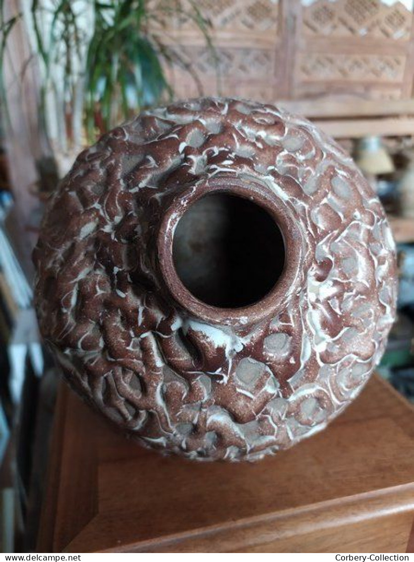 Ancien Vase Boule Céramique à Décor de Coulures Art Déco / Style Felix Gête CAB, Renoleau, La Charentaise Angoulème