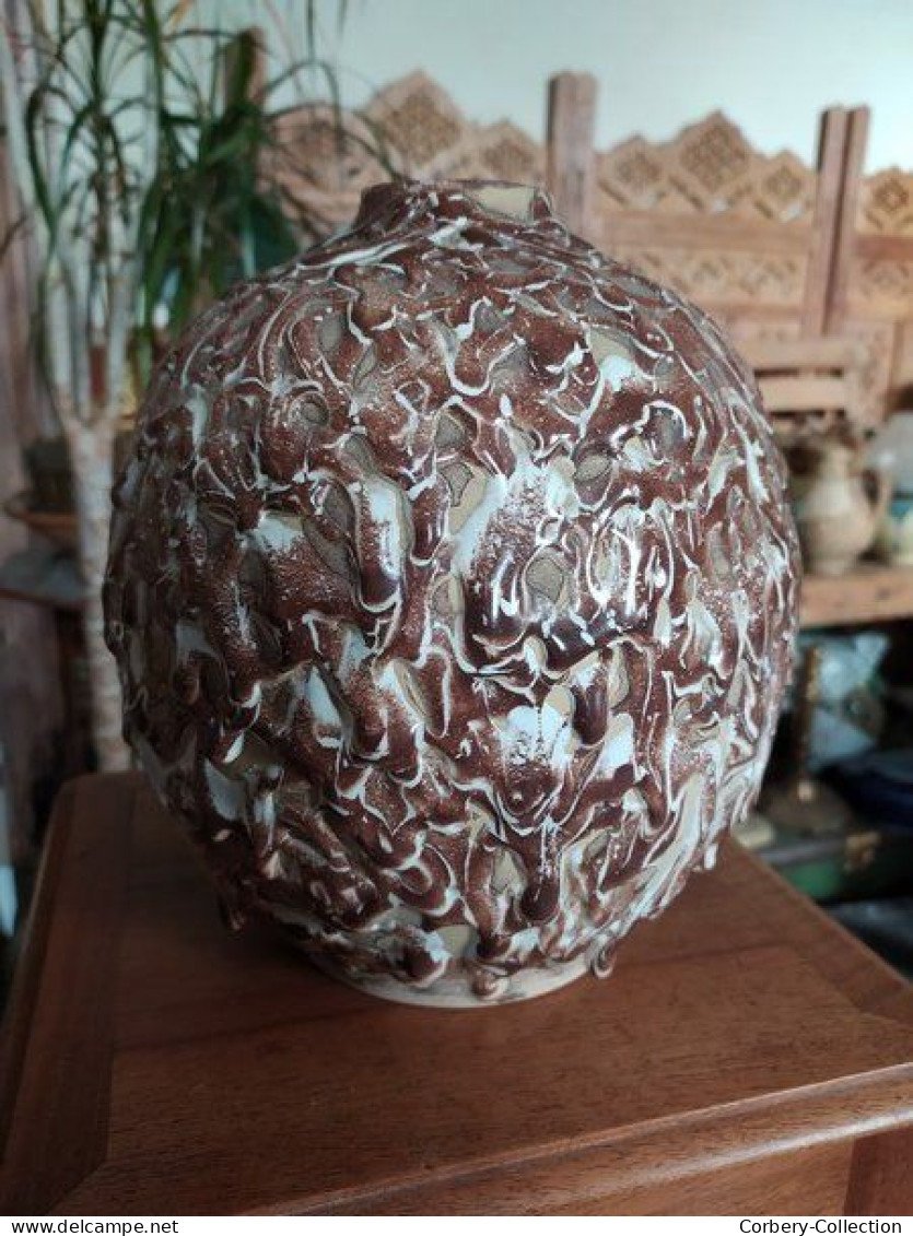 Ancien Vase Boule Céramique à Décor de Coulures Art Déco / Style Felix Gête CAB, Renoleau, La Charentaise Angoulème