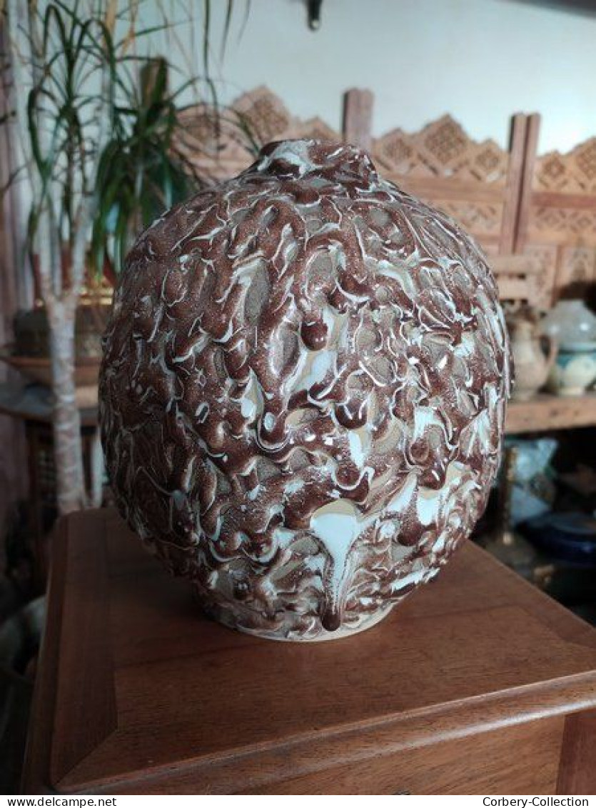 Ancien Vase Boule Céramique à Décor de Coulures Art Déco / Style Felix Gête CAB, Renoleau, La Charentaise Angoulème