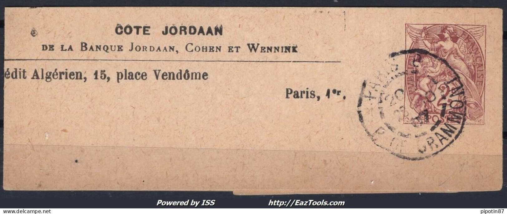 FRANCE BANDE JOURNAUX COTE JORDAAN TYPE BLANC 2c CAD DE PARIS 8 DU 28/10/1907 - 1900-29 Blanc