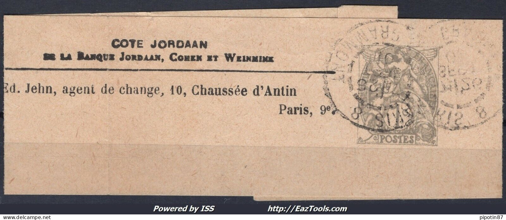 FRANCE BANDE JOURNAUX COTE JORDAAN TYPE BLANC 1c CAD DE PARIS 8 DU 26/09/1901 - 1900-29 Blanc