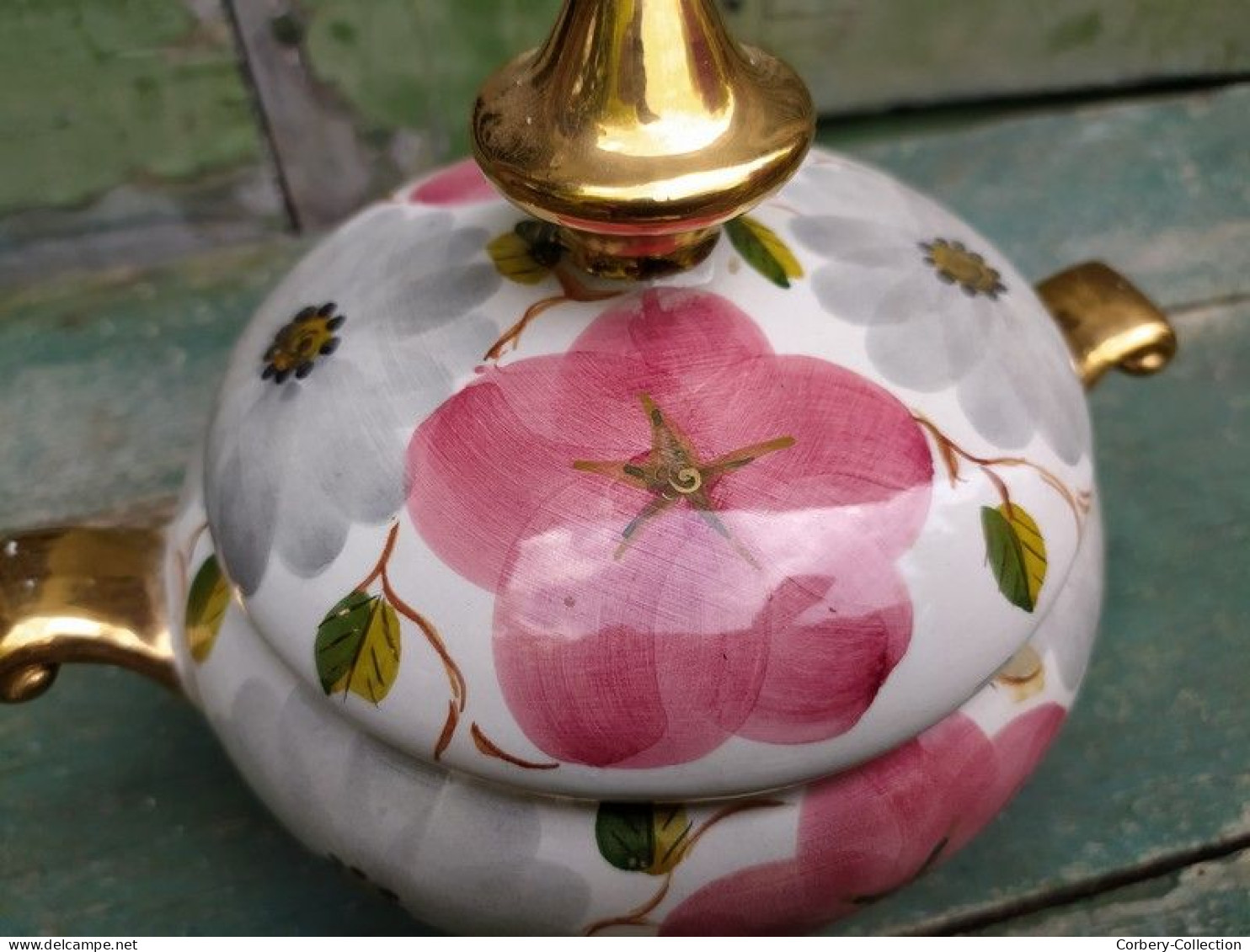 Pot Couvert Bonbonnière Faïence à Fleurs Vintage Pereiras Valado Portugal - Autres & Non Classés