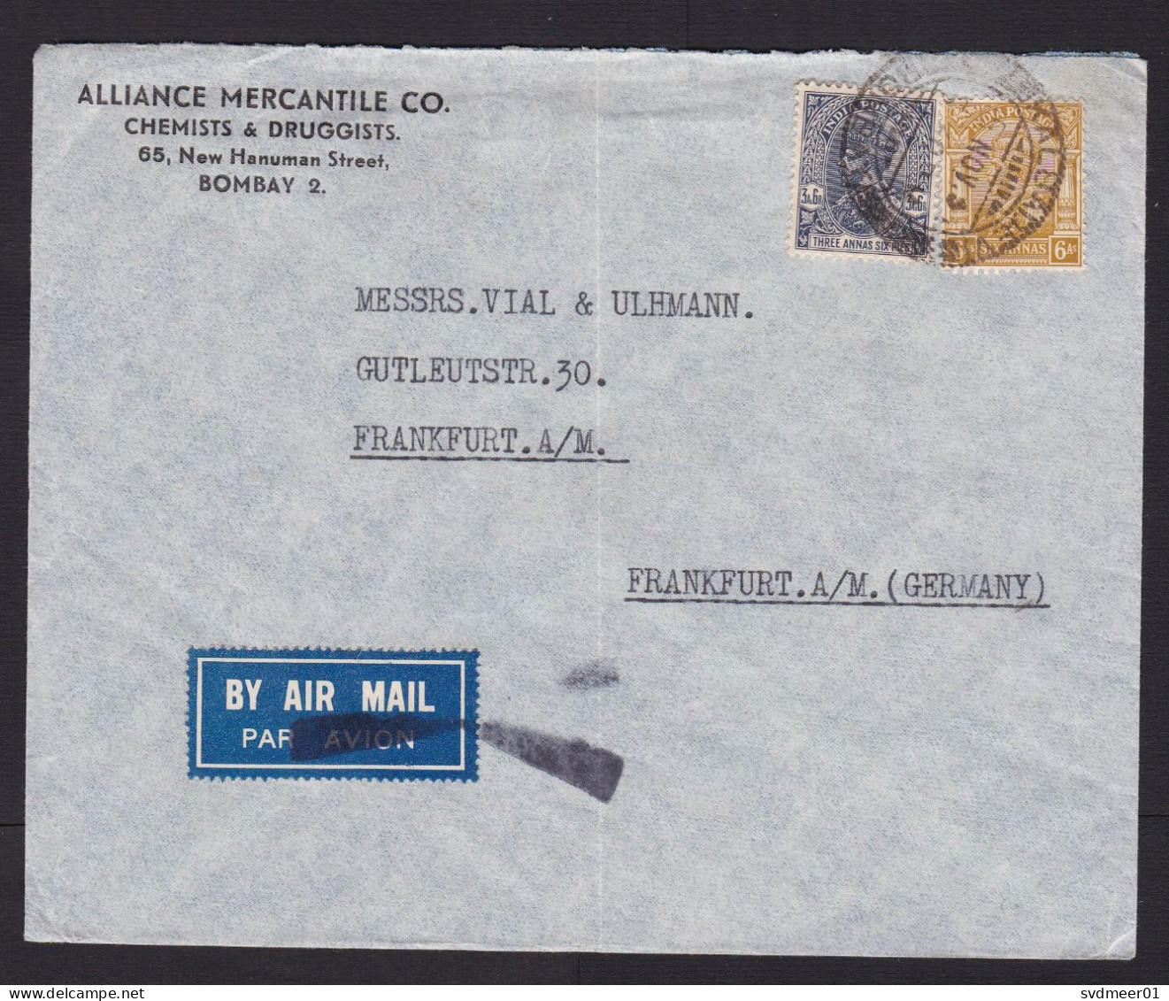 India: Airmail Cover To Germany, 1930s?, 2 Stamps, King, Air Label, Jusqu'a Air Rate Cross Cancel (minor Damage; Fold) - 1936-47 Roi Georges VI