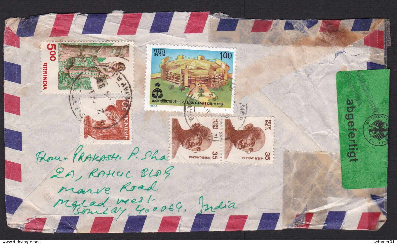 India: Airmail Cover To Germany, 1983, 5 Stamps, Gandhi, Sports Stadium, Label Opened Customs Control (damaged) - Storia Postale