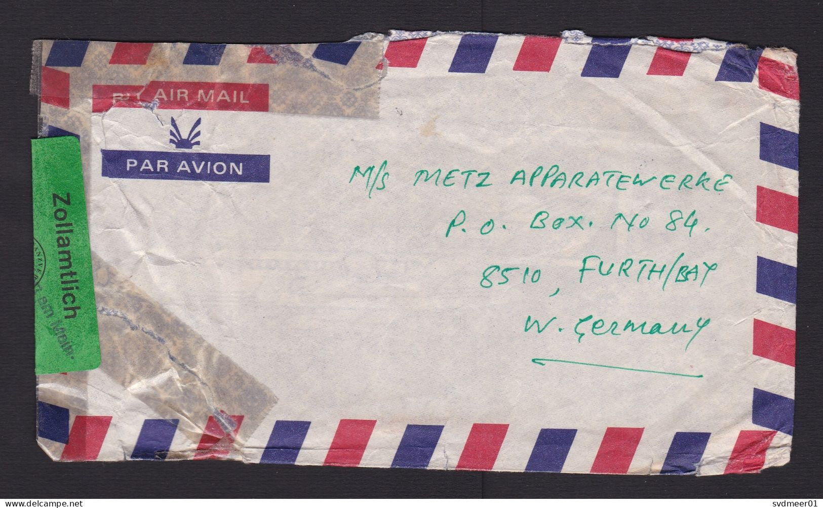 India: Airmail Cover To Germany, 1983, 5 Stamps, Gandhi, Sports Stadium, Label Opened Customs Control (damaged) - Lettres & Documents