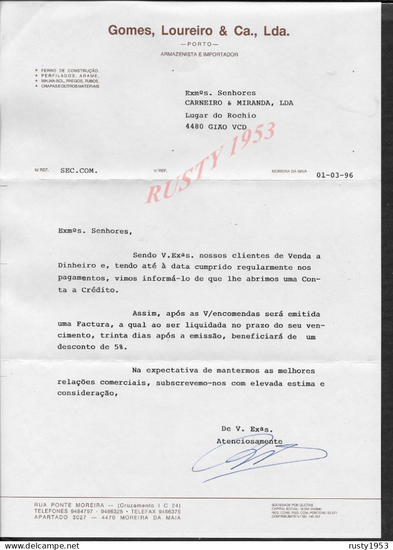 PORTUGAL LETTRE COMMERCIALE DE 1996 GOMES FERRO ECT & CA MAGASIN À PORTO À Mr CARNEIRO LDA GIAO VILA DO CONDE : - Portogallo