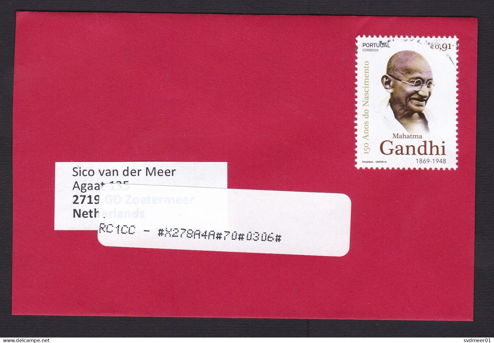 Portugal: Cover To Netherlands, 1 Stamp, Mahatma Gandhi, History (vague Cancel, Ugly Postcode Sorting Label) - Covers & Documents