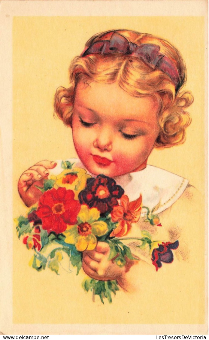 ARTS - Peintures Et Tableaux - Une Petite Fille Tenant Un Bouquet De Fleurs - Carte Postale Ancienne - Malerei & Gemälde