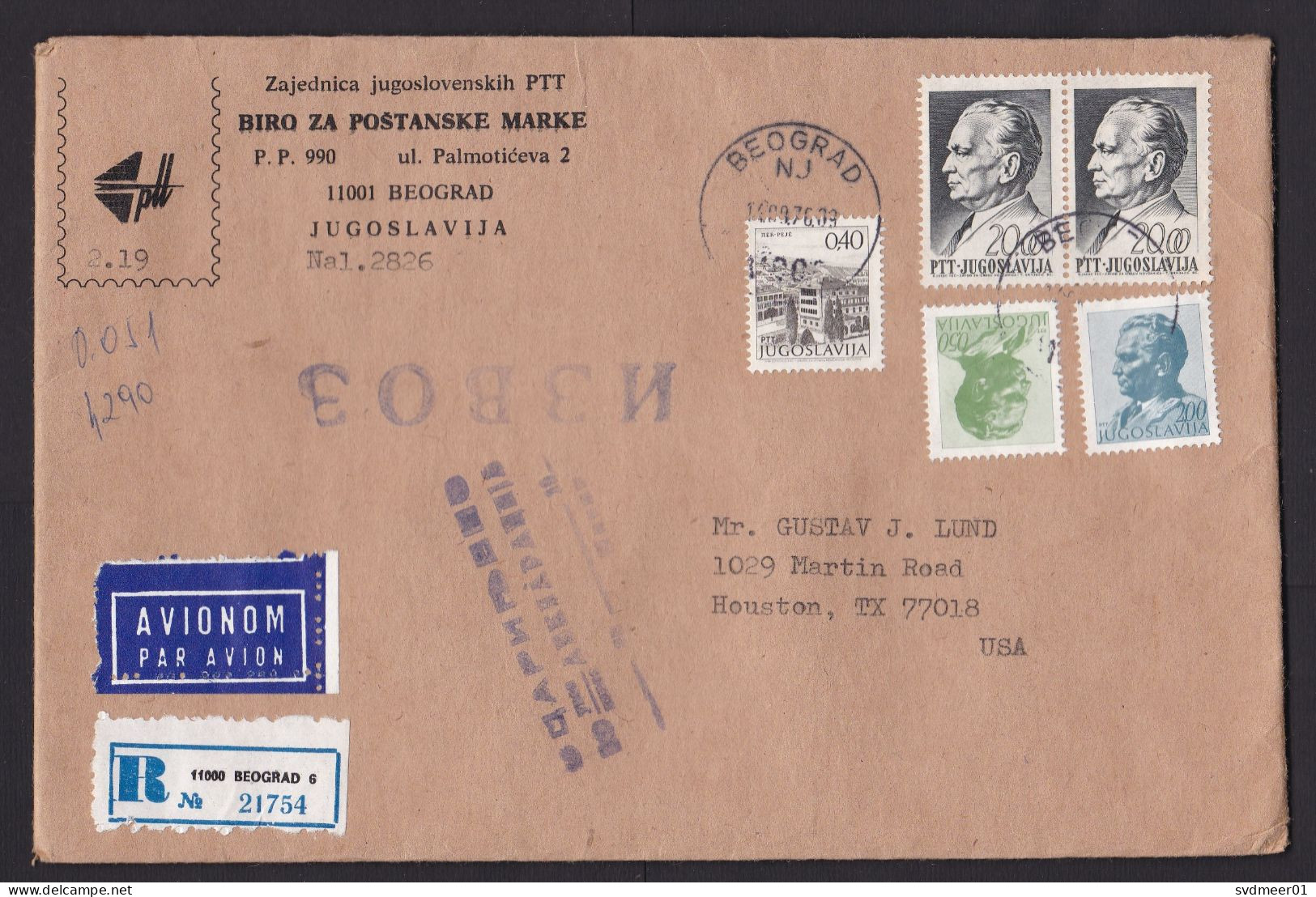 Yugoslavia: Registered Cover To USA, 1976, 5 Stamps, Tito, R-label, Cancel Customs Control? (minor Damage At Back) - Covers & Documents