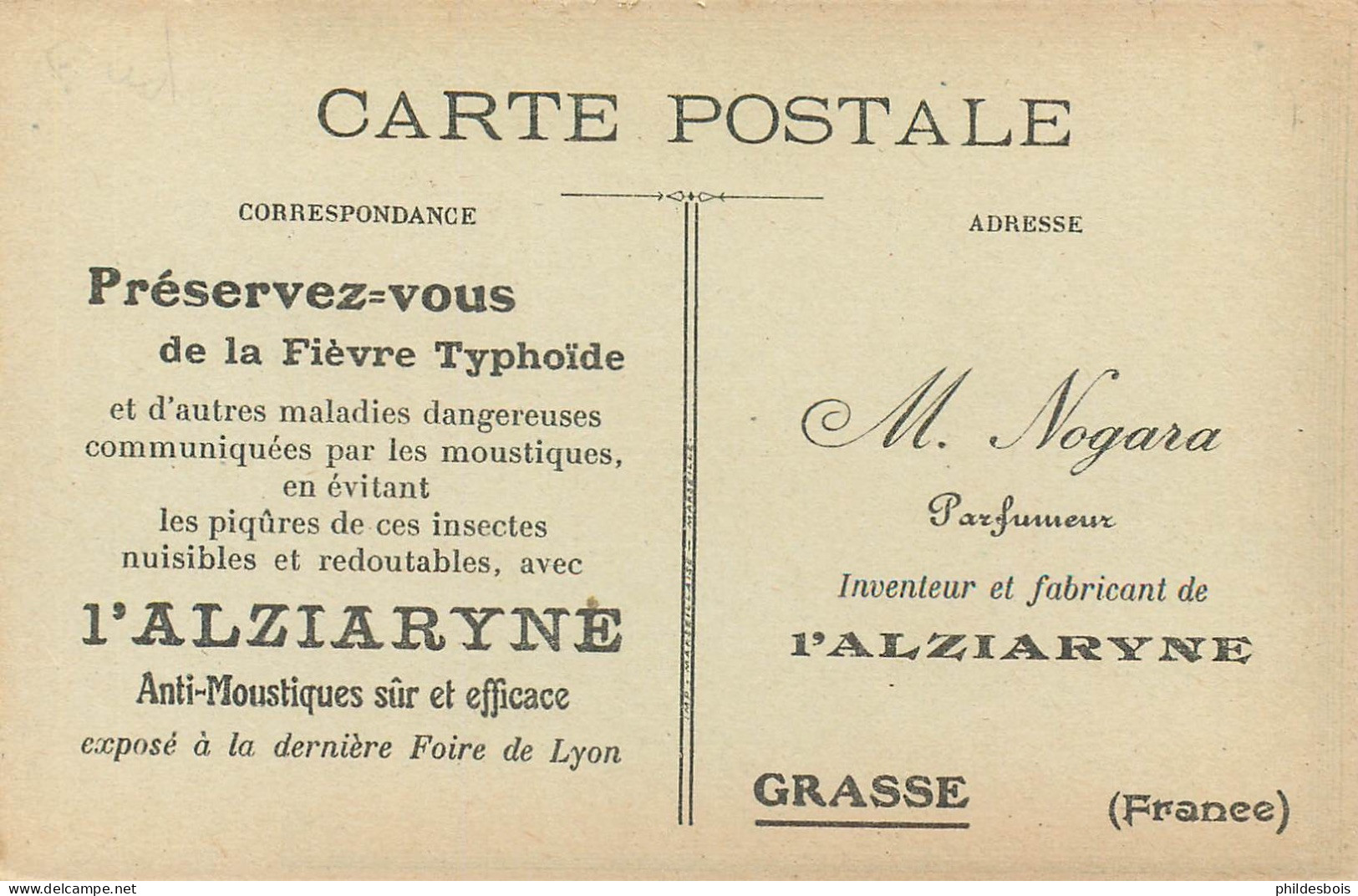 Carte PUBLICITAIRE    " Guerre Aux Moustiques "  ALZIARYNE  Parfum Pour Toilette - Publicité