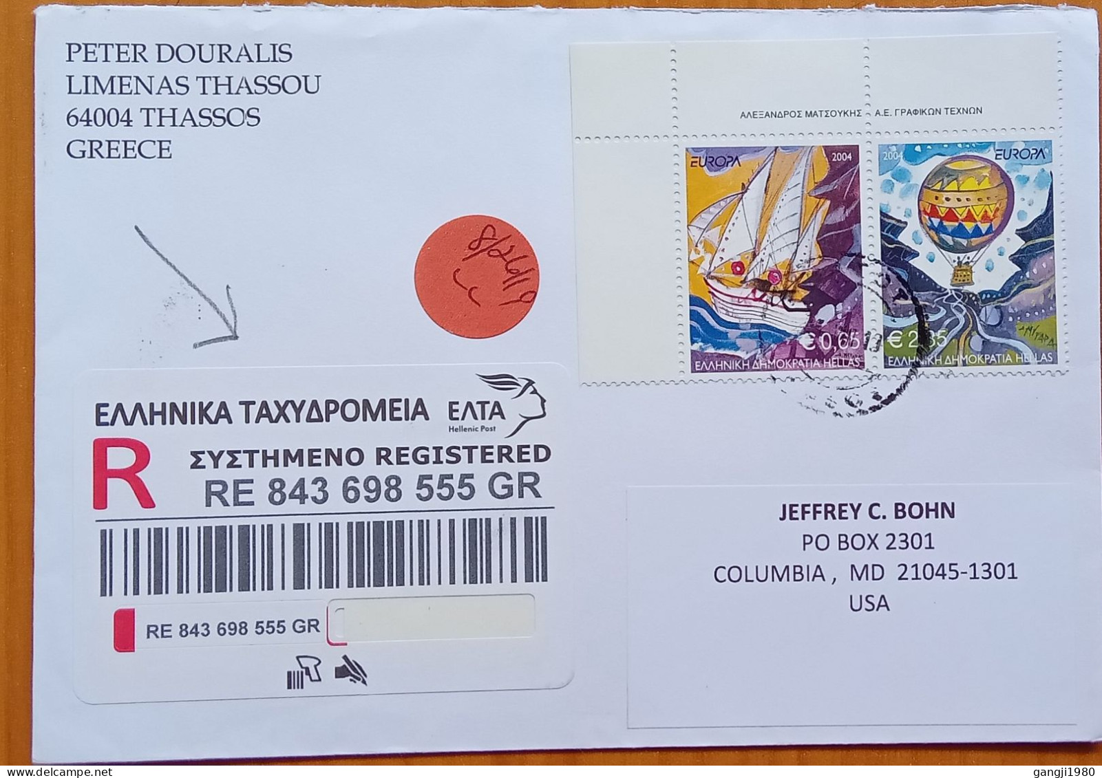 GREECE 2004, COVER USED TO USA, EUROPA SET 2 STAMP, SHIP & BALLON, VIGNETTE REGISTER LABEL, THASSOS CITY. - Covers & Documents