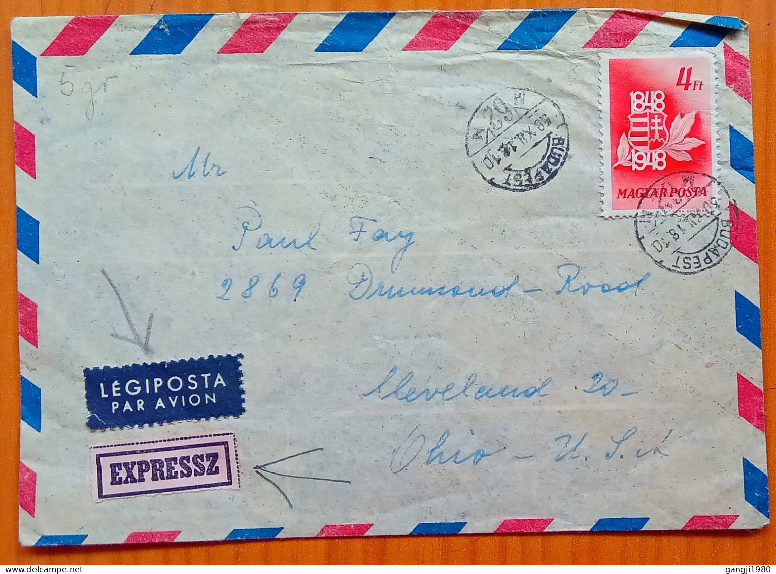 HUNGARY 1950, COVER USED TO USA, EXPRESS & AIRMAIL LABEL, ARM STAMP, BUDAPEST & CLEVELAND CITY CANCEL EXPRESS. - Brieven En Documenten