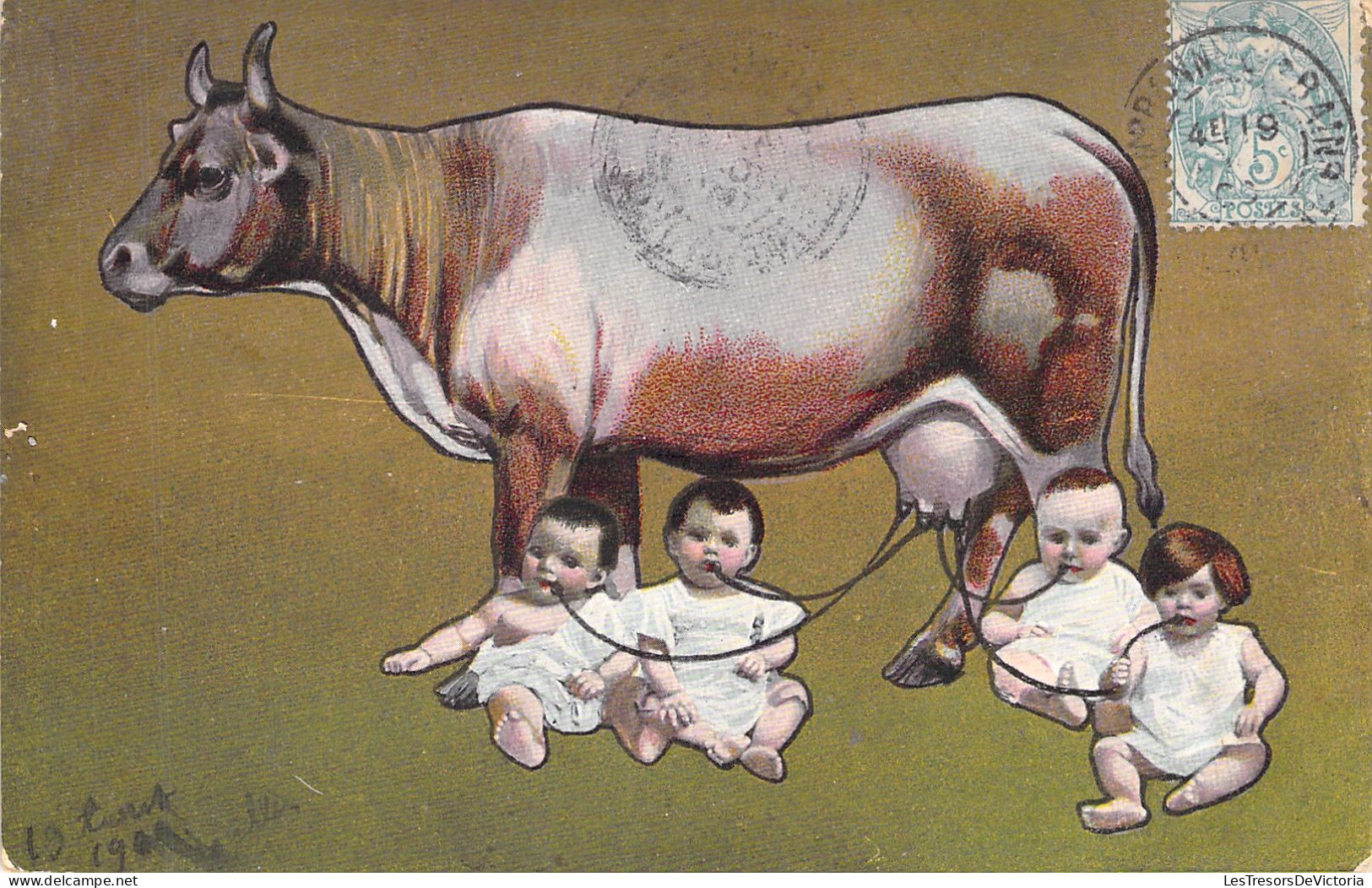 Humour - Bébés " Branchés " à Des Vaches - Vache Biberon - Carte Postale Ancienne - - Humor