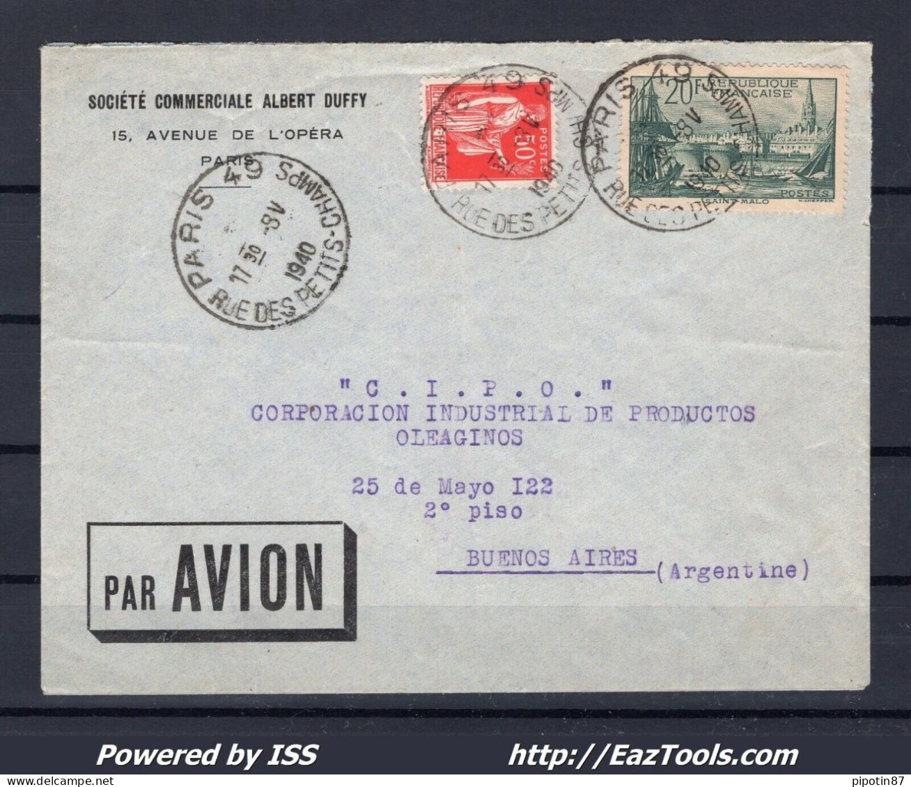 FRANCE LETTRE PAR AVION POUR BUENOS AIRES ARGENTINE N° 283 + 394 DU 08/05/1940 - Covers & Documents