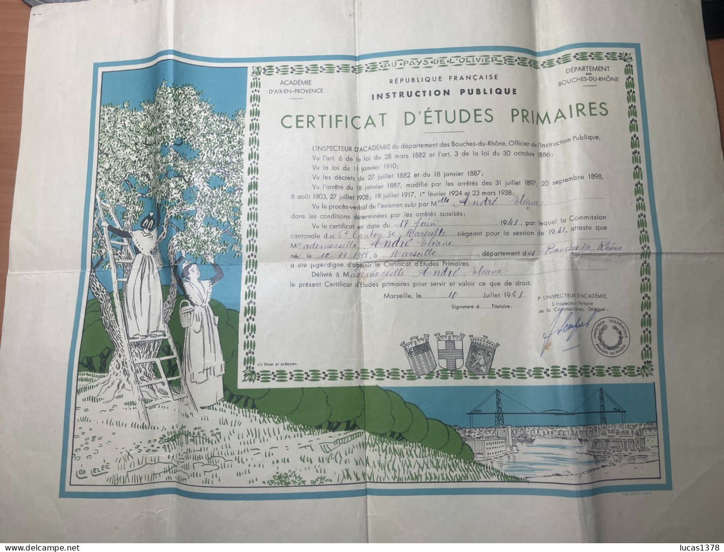 Certificat D' Etudes Primaires 1941 - Bouches Du Rhone - Illustration De Léo Lelée ( Cueillette Des Olives) / RARE - Diplomi E Pagelle