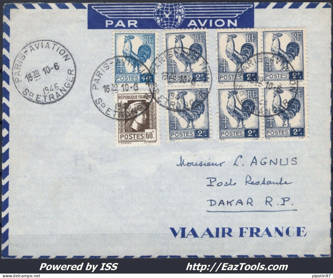 FRANCE LETTRE PAR AVION TARIF 13Fr POUR DAKAR DE PARIS DU 10/06/46 AVEC ARRIVÉE - Cartas & Documentos