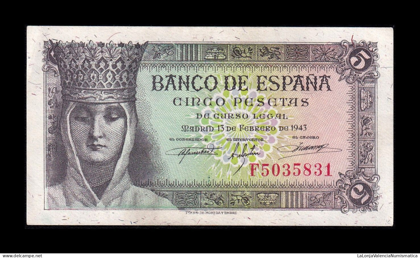 España Spain 5 Pesetas Isabel I De Castilla 1943 Pick 127 Serie F Sc- AUnc - 5 Peseten