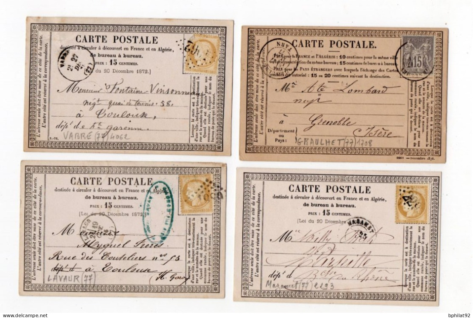 !!! LOT DE 4 CARTES PRECURSEUR CERES ET SAGE CACHETS DE GRAULHET, LAVAUR, VABRE ET MAZAMET (TARN) - Precursor Cards