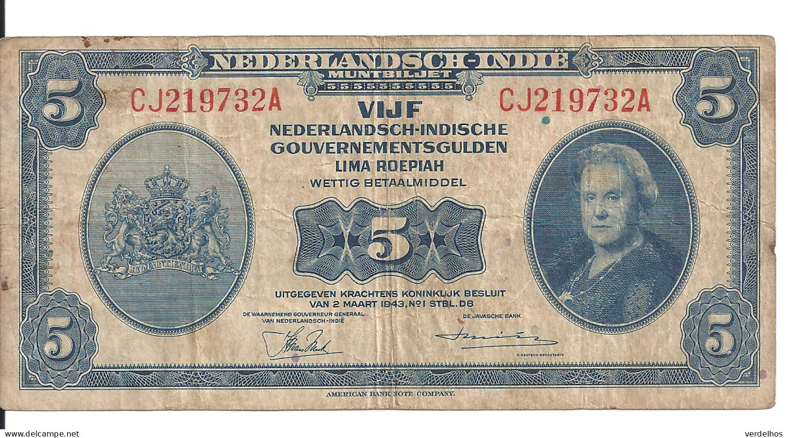 INDES NEERLANDAISES 5 GULDEN 1943 VF P 113 - Indes Néerlandaises