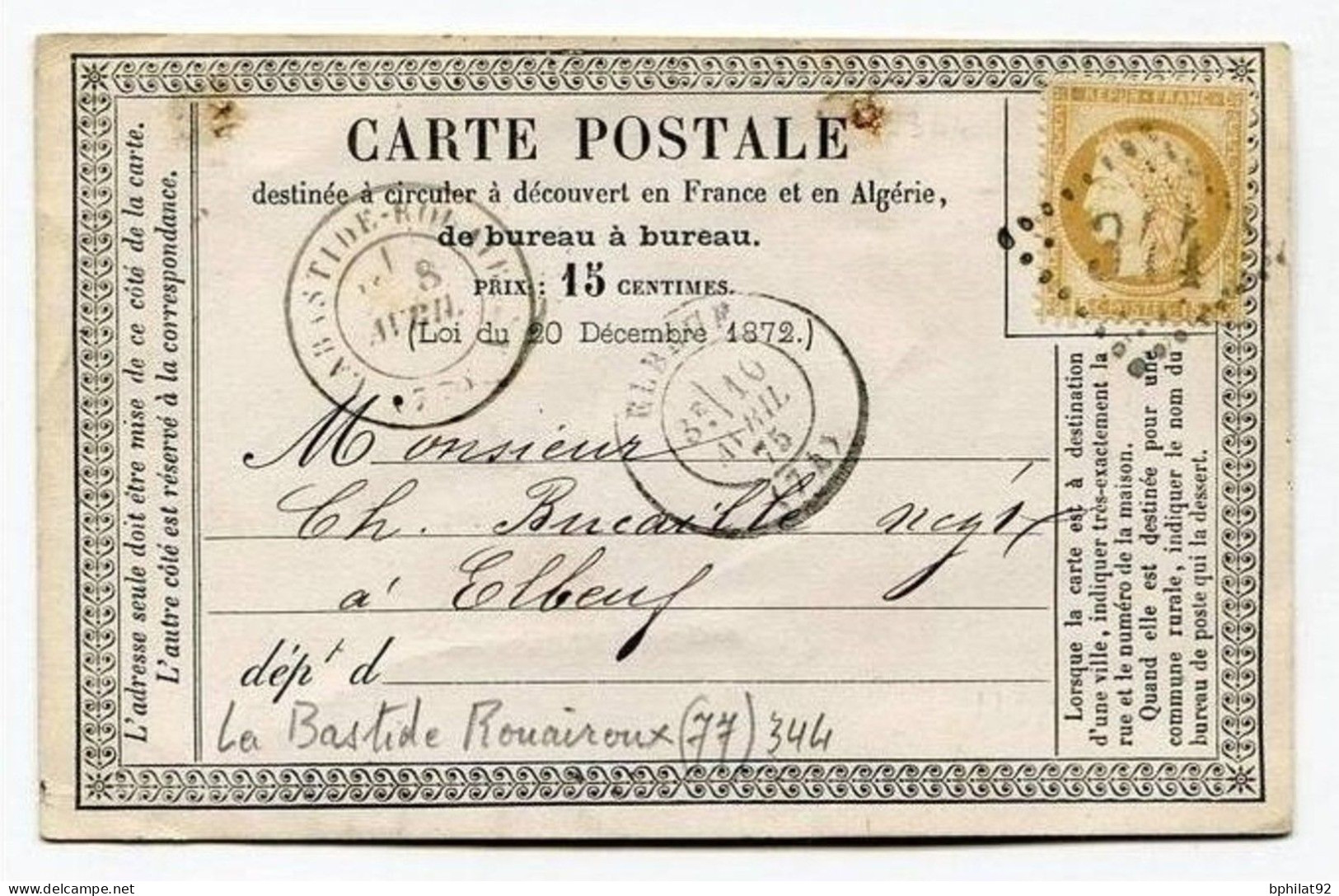 !!! CARTE PRECURSEUR CERES CACHET ET GC 344 DE LA BASTIDE ROUAIROUX (TARN) 1875 - EN L'ETAT - Precursor Cards