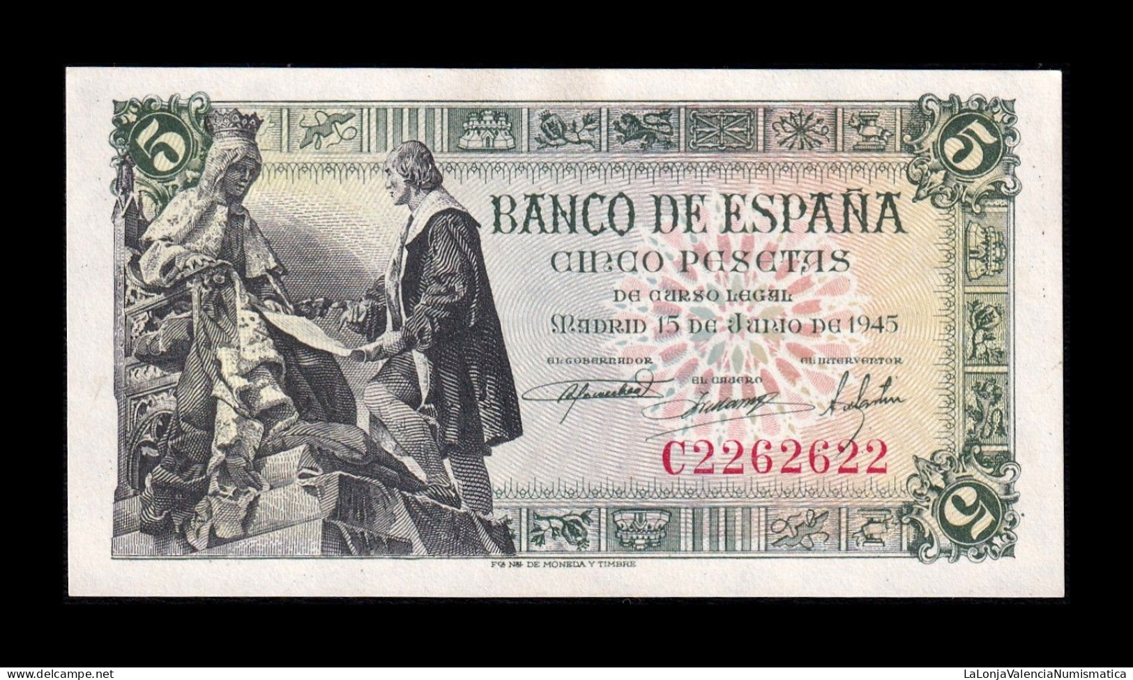 España Spain 5 Pesetas Capitulaciones 1945 Pick 129a Serie C Capicua Sc Unc - 5 Peseten