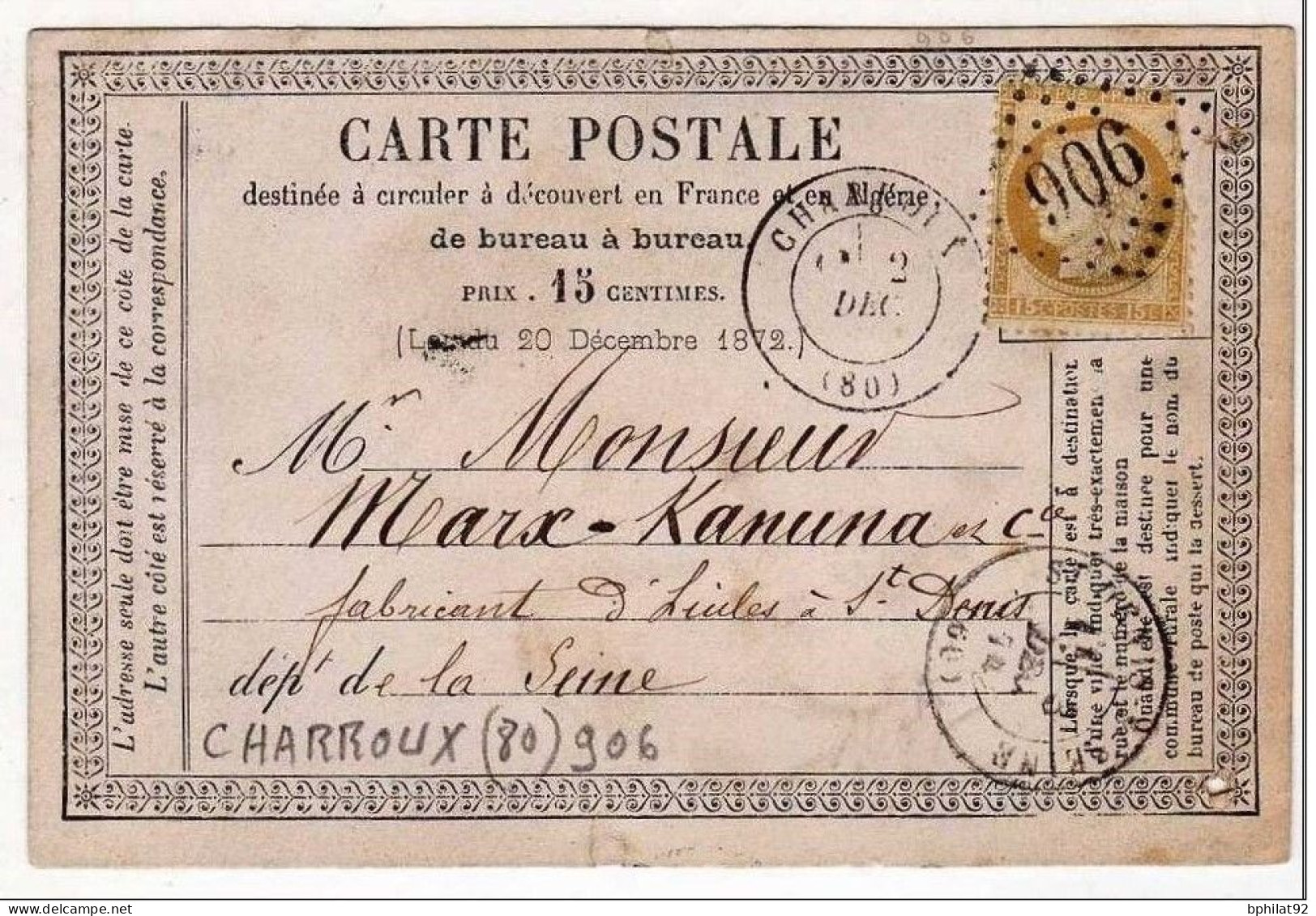 !!! CARTE PRECURSEUR CERES CACHET ET GC 906 DE CHARROUX (VIENNE) 1874 - Precursor Cards
