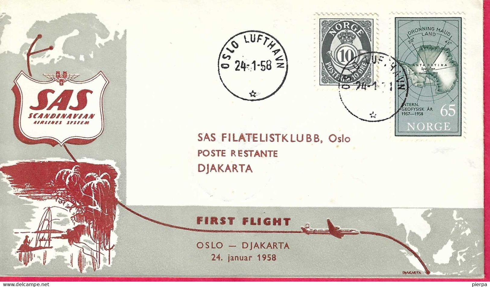 NORGE - FIRST FLIGHT SAS FROM OSLO TO DJAKARTA *24.1.58* ON OFFICAL COVER - Covers & Documents