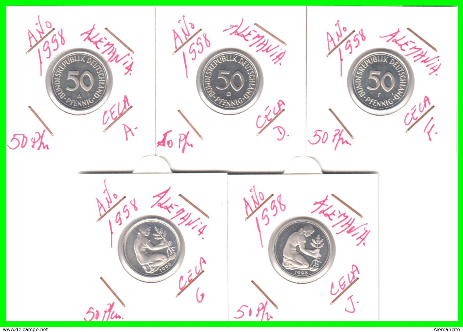 ALEMANIA - DEUTSCHLAND - GERMANY –  5 MONEDAS DE 50 Pfn. DEL AÑO 1998 -  CECAS -A: BERLIN- D – F – G – J.- PROOF (ESPEJO - 50 Pfennig