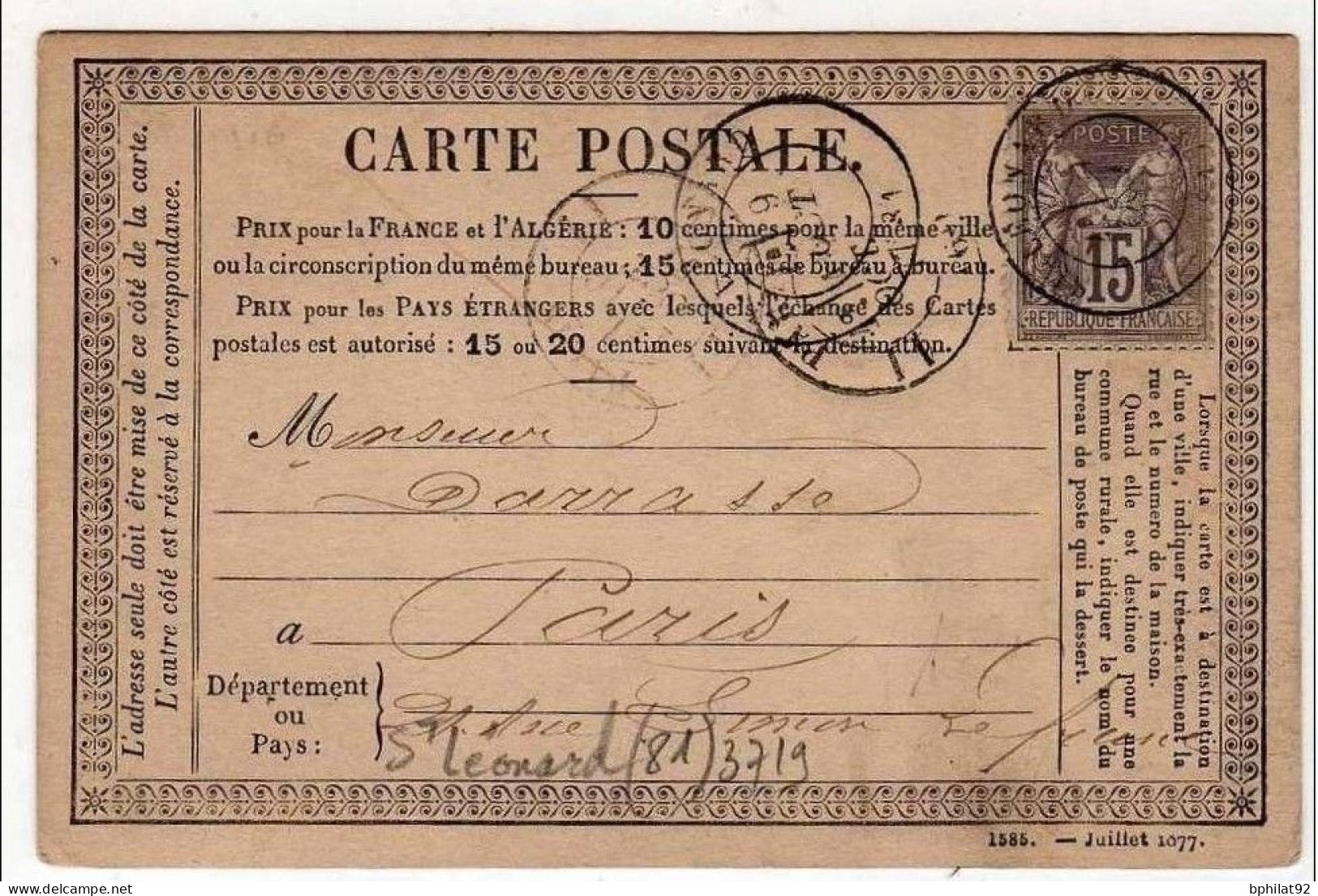 !!! CARTE PRECURSEUR TYPE SAGE CACHET DE ST LEONARD (HAUTE VIENNE) 1877 - Precursor Cards