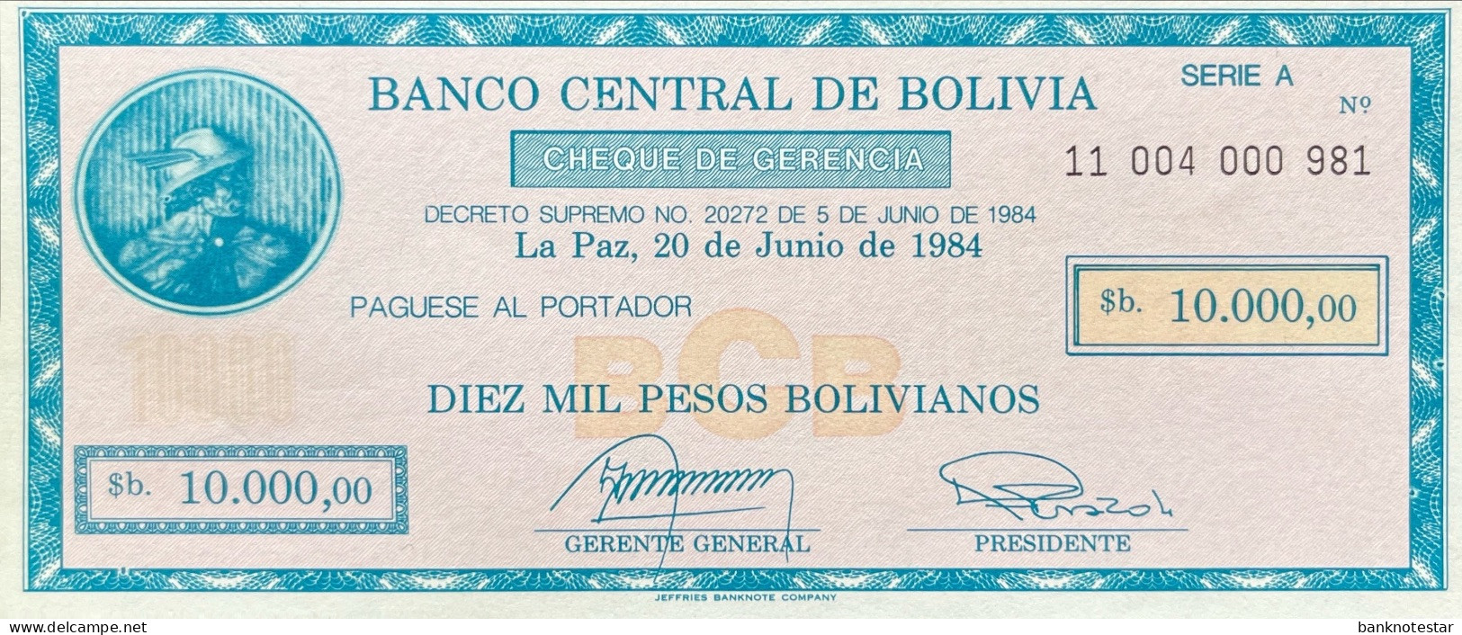 Bolivia 10.000 Pesos Bolivianos, P-186 (D.1984) - UNC - RARE - Bolivie