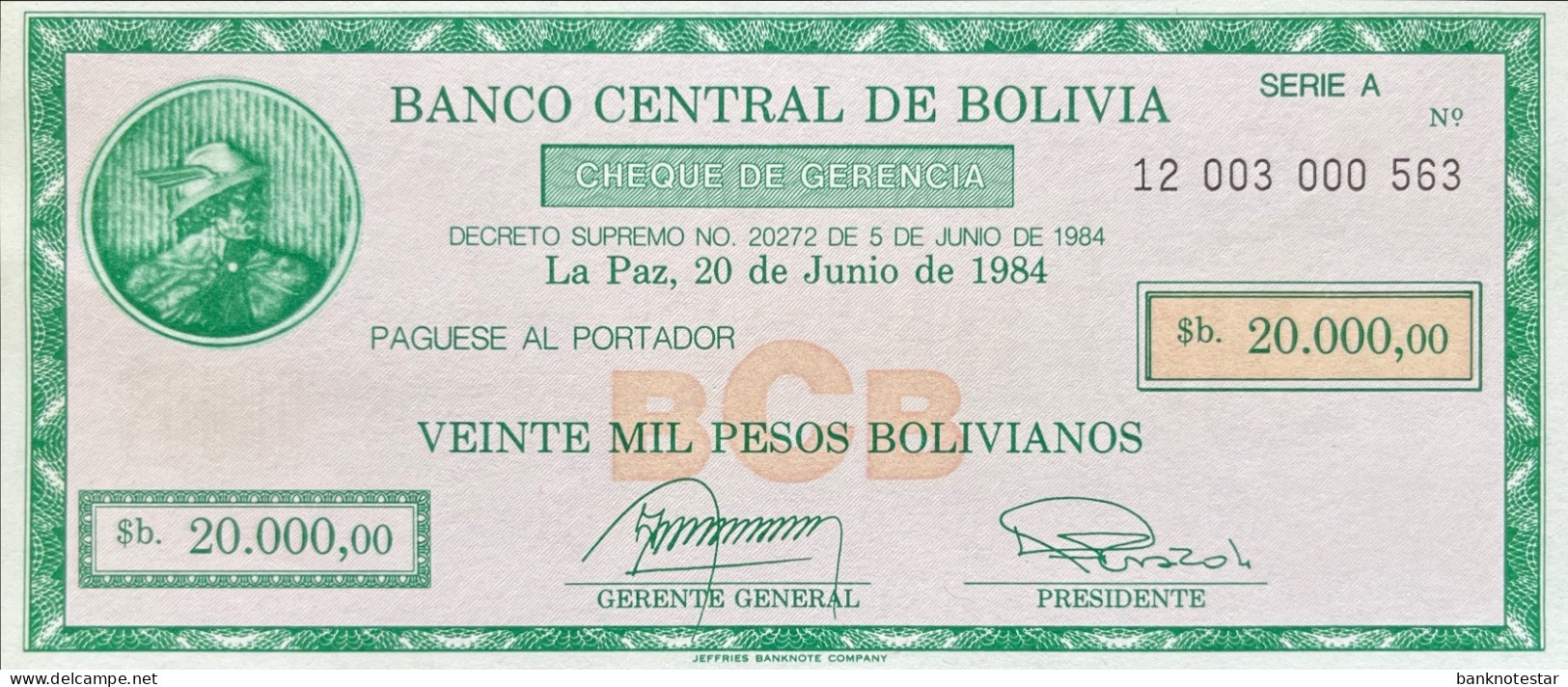 Bolivia 20.000 Pesos Bolivianos, P-187 (D.1984) - UNC - RARE - Bolivia