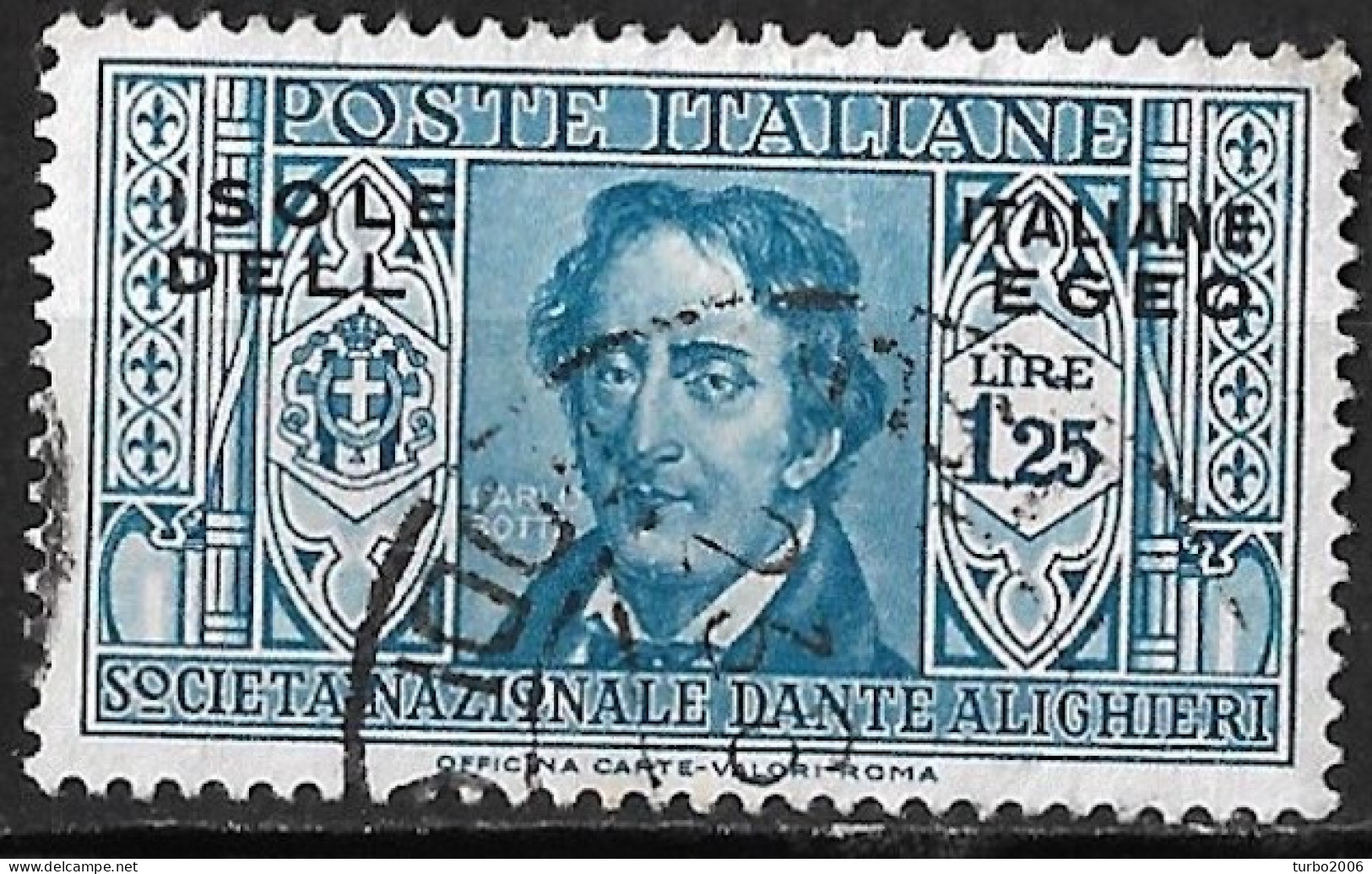 DODECANESE 1932 Overprint Isole Italiano Dell Egeo On Italian Stamps Of Dante £ 1.25 Blue Vl. 26 Used Rodi - Dodecaneso