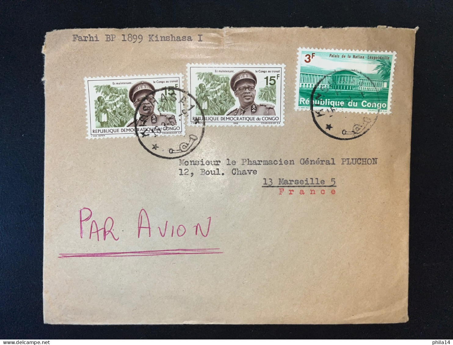 ENVELOPPE CONGO / KINSHASA POUR MARSEILLE 1967 - Storia Postale