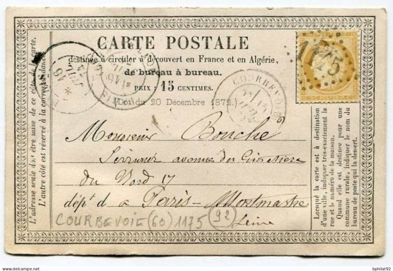 !!! CARTE PRECURSEUR CERES CACHET ET GC 1145 DE COURBEVOIE (HAUTS DE SEINE) 1874. - Cartes Précurseurs