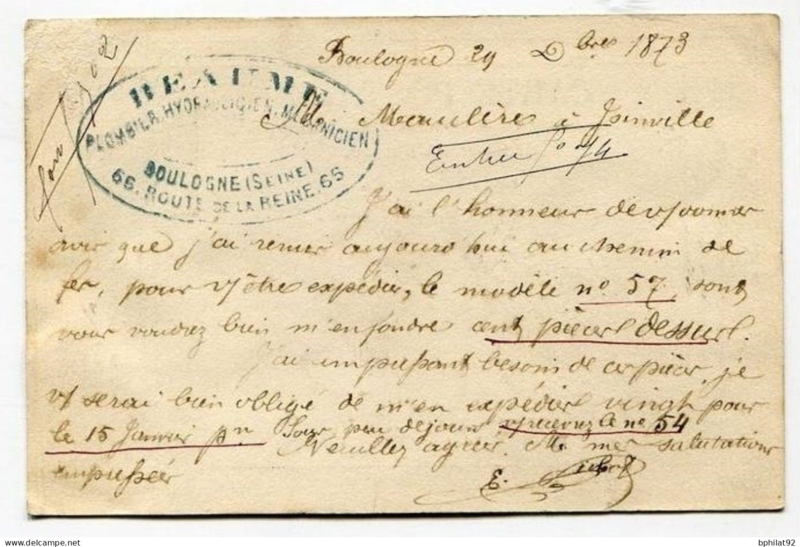 !!! CARTE PRECURSEUR CERES CACHET ET GC 550 DE BOULOGNE SUR SEINE (HAUTS DE SEINE) 1873. - Vorläufer