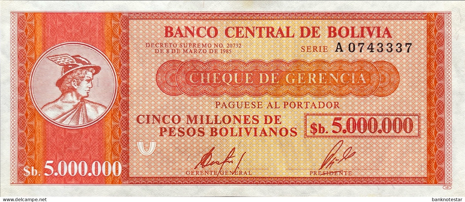 Bolivia 5.000.000 Pesos Bolivianos, P-191 (D.1985) - UNC - RARE - Bolivie