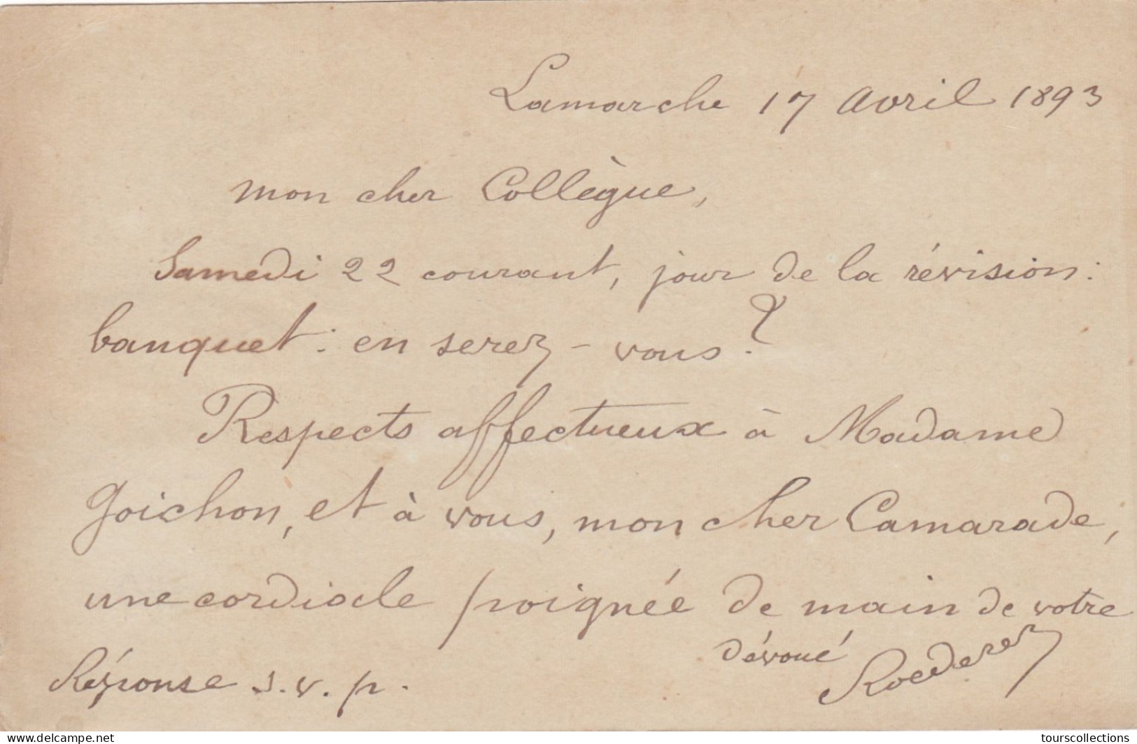 ENTIER POSTAL SAGE CARTE POSTALE De 1893 Cachet Lamarche 88 à Isches 88 Vosges - Roederer à Goichon Percepteur Impôts - Cartes Précurseurs