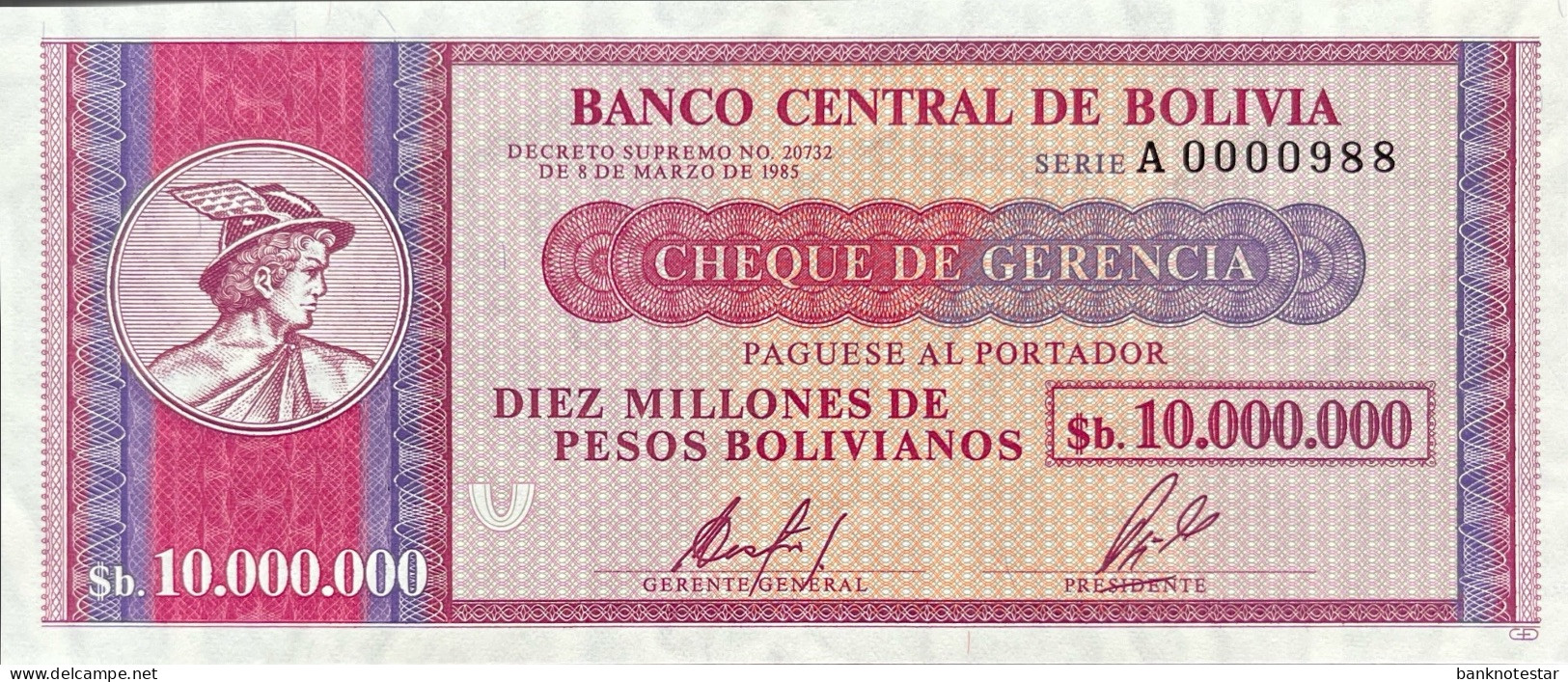 Bolivia 10.000.000 Pesos Bolivianos, P-192 (D.1985) - A0000988 - UNC - RARE - Bolivia