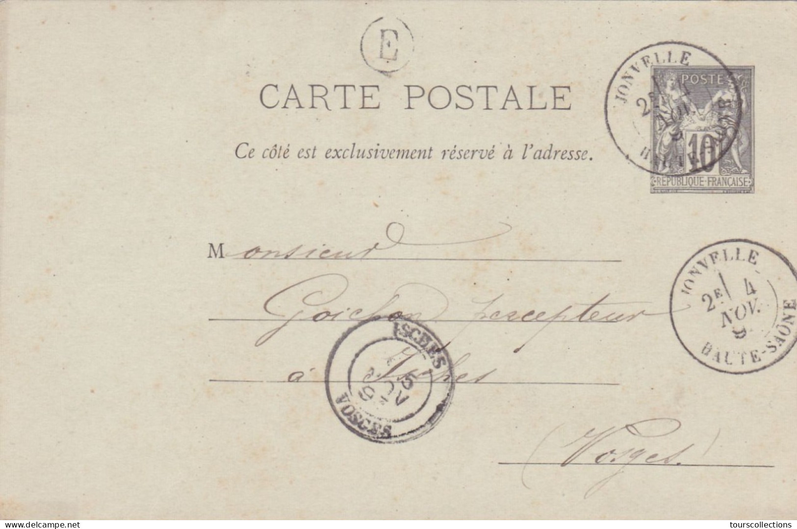 ENTIER POSTAL SAGE CARTE POSTALE De 1893 Cachet Jonvelle 70 à Isches 88 Vosges - Beaudy à Goichon Percepteur Impôts - Cartes Précurseurs