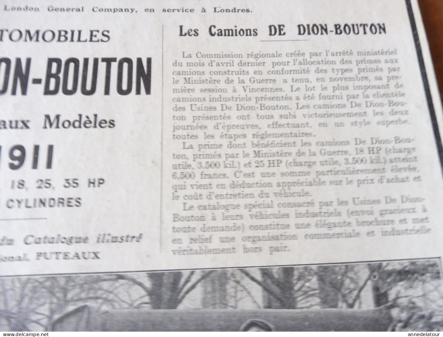 Plaque publicitaire Automobiles et Camions DE DION BOUTON    dimension   36x 28cm  (origine  1911)