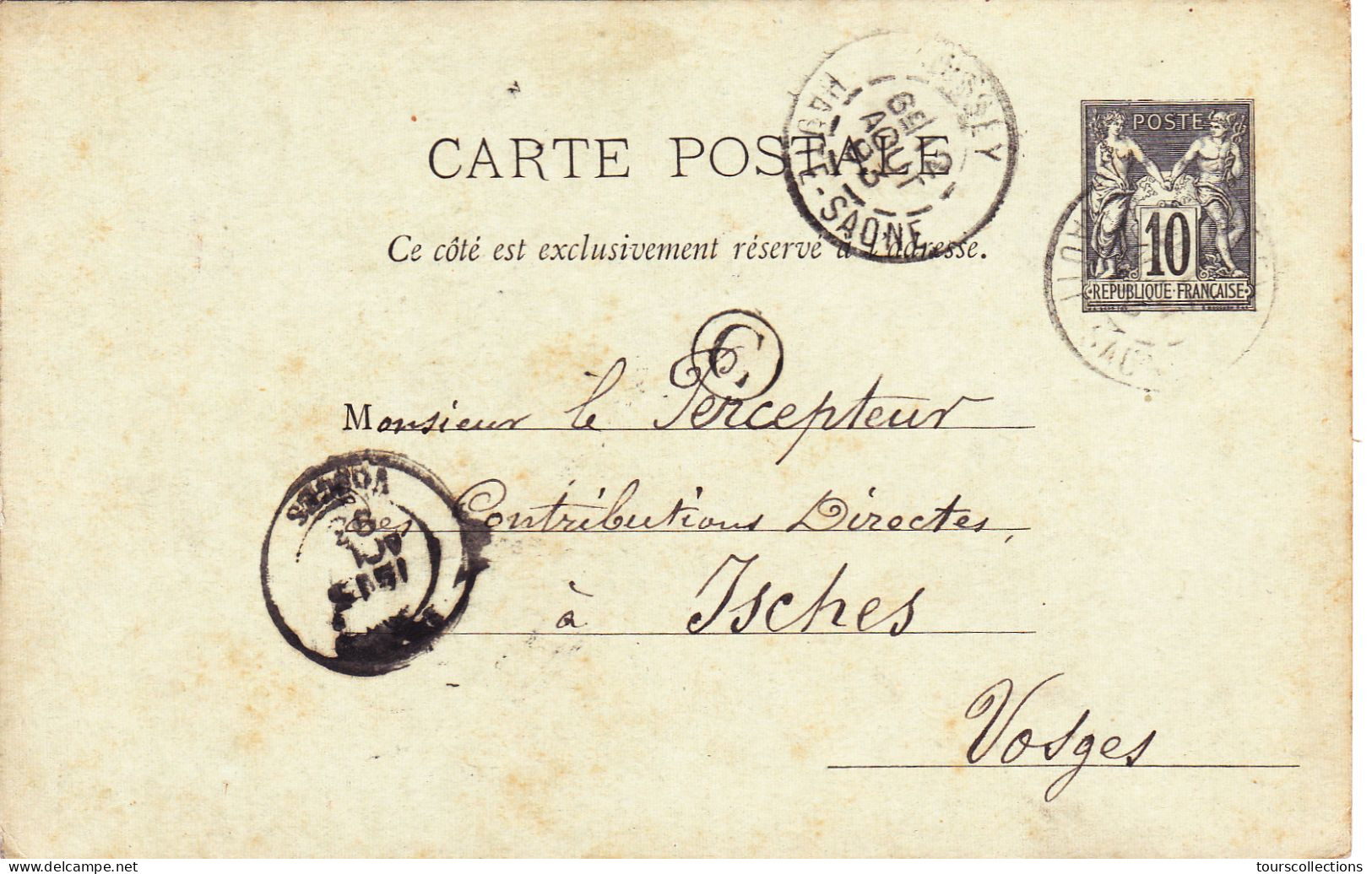ENTIER POSTAL SAGE CARTE POSTALE De 1893 Cachet Jussey 70 à Isches 88 Vosges - Porte Picoer à Goichon Percepteur Impôts - Vorläufer